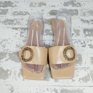 New Open Edit Lely Tan Cream Square Toe Slide Sandals X181
